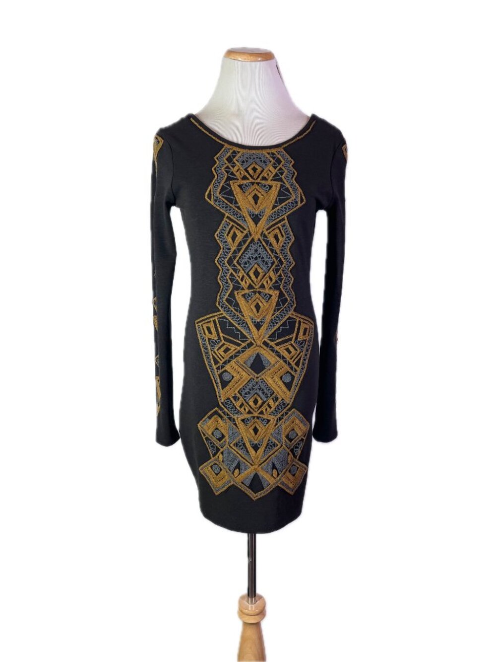 Free People Size S? Aztec Princess Knit Minidress Long Sleeve Embroidered Black